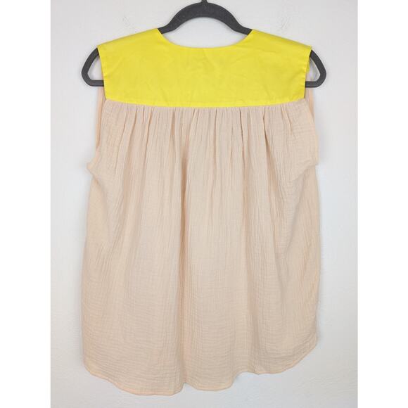 Cecilia Sorensen Top Blouse Color Block Gauze Draped Boho Tan Yellow Size L - Picture 4 of 10